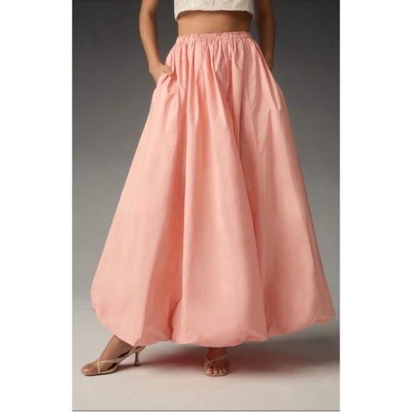 Anthropologie Bubble Hem Poofy Maxi Skirt Elastic Waist Peach Coral Pink XL - Picture 3 of 14